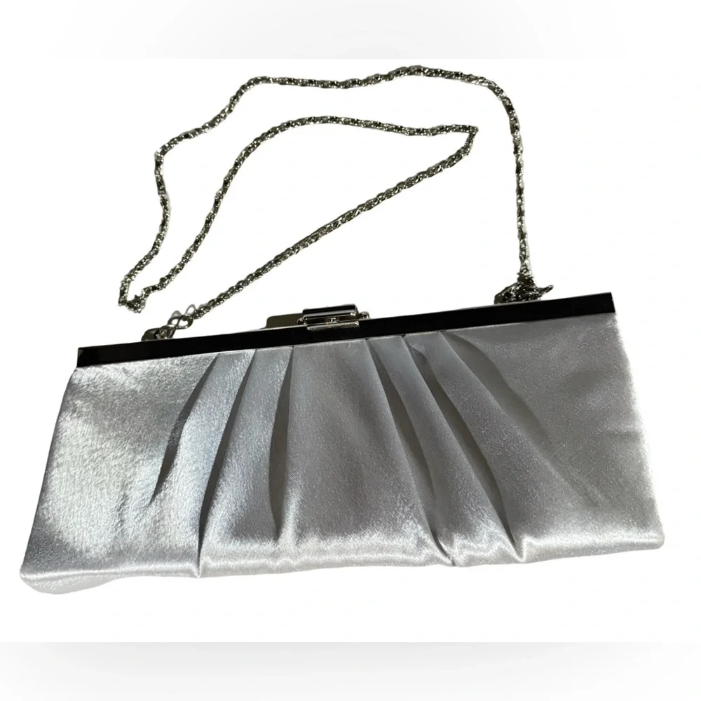 Gunne Sax Silver Satin Clutch Purse Chain Strap